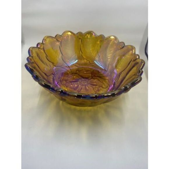 Amber Carnival Glass Footed Fruit Bowl Dish Iridescent 9" Fall Autumn VTG - Picture 5 of 5